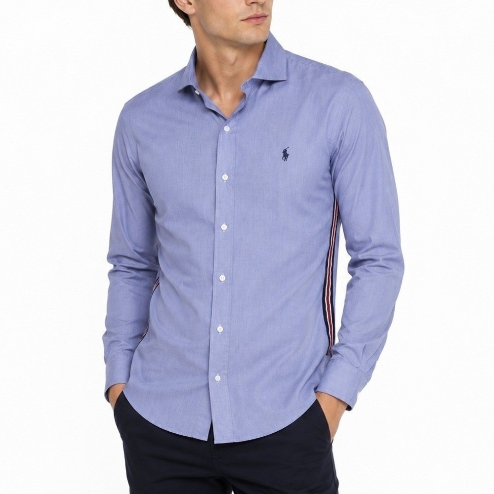 Polo Ralph Lauren Mens Slim Fit Blue Oxford Shirt‎ Side Stripe Size Large Cotton